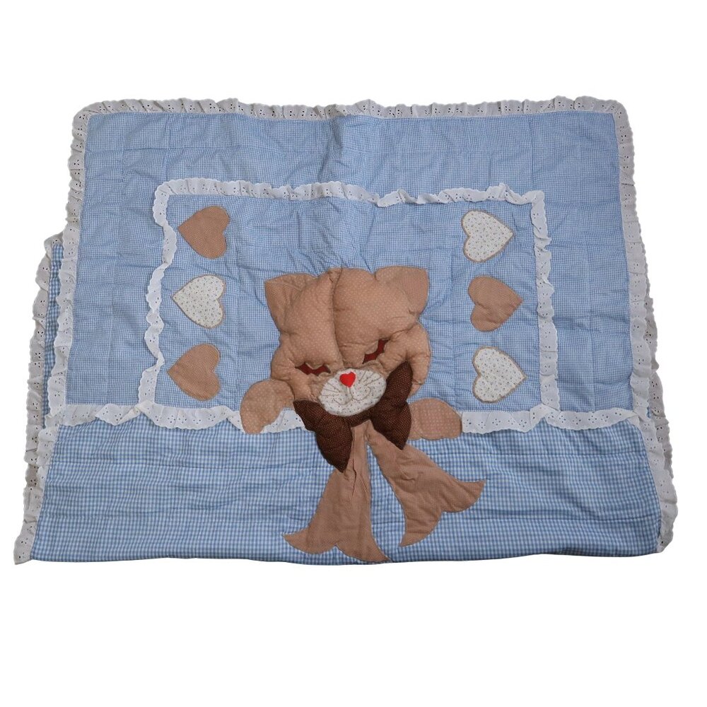 Blue & White Gingham Baby Blanket with Padded Cat Kitten Hearts Eyelet Lace